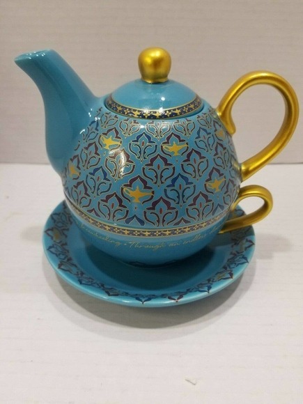 Disney Aladdin The Musical Teapot Cup Saucer Magic Lamp 3 pc set blue RARE - Picture 2 of 9